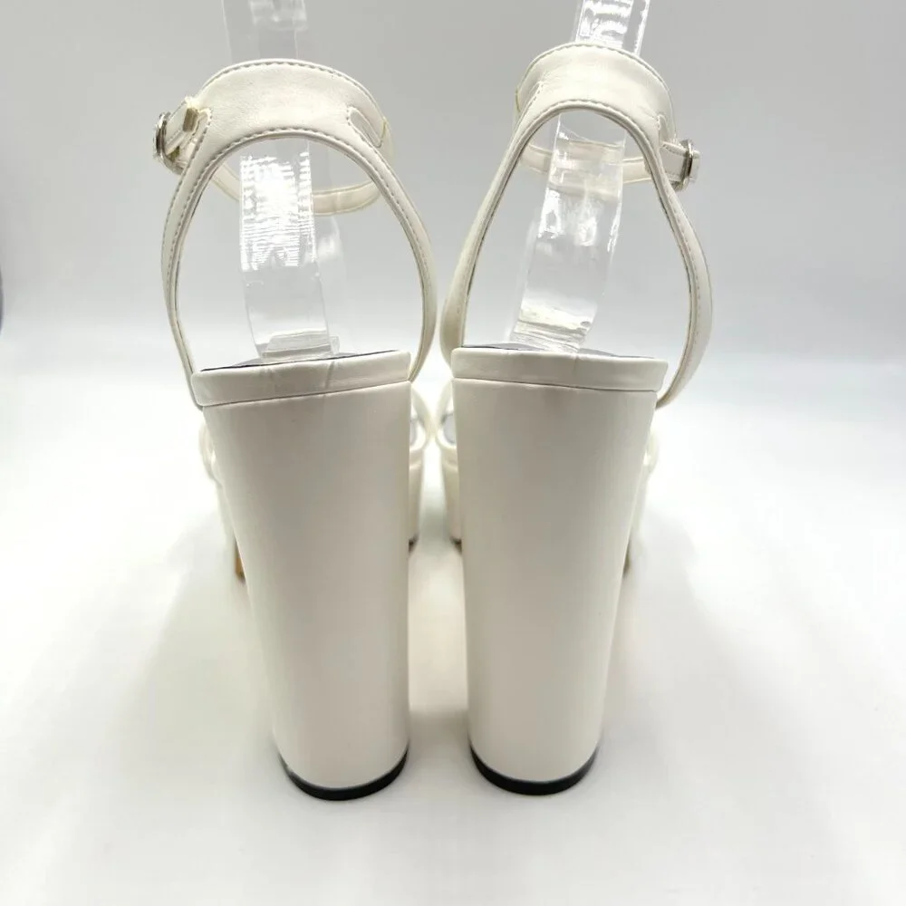 Nine West‎ Size 8.5 Uknow White Faux Vegan Leather Platform Sandals Heels Shoes